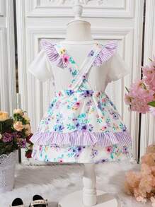 Baby Girls' Flower Print Patchwork Striped Ruffle Dress And Short Sleeve Top Set