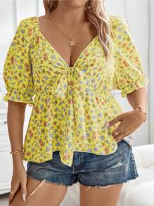 Flirla Chemisier imprimé floral discrèt à col nœud pour l'été en grande taille, tenue décontractée - Jaune citron - Voir 3
