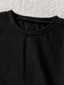 SHEIN Girls' Pink Coconut Tree Printed Round Neck Long T-Shirt + Shorts Set For Vacation And Beach, Spring/Summer - Black - View 3