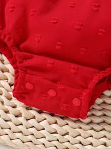 SHEIN 夏季女婴纯色圆领短泡泡袖连体衣，带帽子，圣诞节礼物 - 紅色 - 查看 5