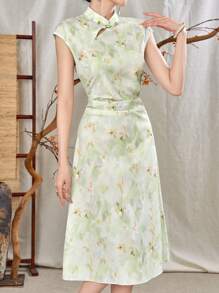 Modelyn Váy sườn xám phong cách Trung Hoa thanh lịch dành cho nữ có tay áo cài nút in hoa, sườn xám/sườn xám hiện đại cải tiến - màu xanh lá - Xem 4