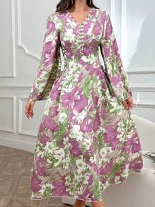 Al Najma 女士随机印花简约日常朴素长袖阿拉伯连衣裙，优雅侧系带 Jalabiya，适合春夏时尚 - 彩色 - 查看 4