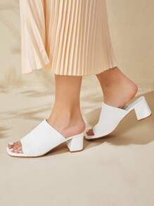 Zapatos de mujer minimalistas con punta cuadrada y tacón grueso tipo mula, elegantes sandalias de tacón para el verano blanco para zapatos de vacaciones de primavera y verano en de verano - Blanco - Ver 2