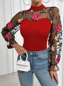 Chiquease Women's Valentine's Day Embroidered Mesh Patchwork Bodysuit (Random Cut) - Red - View 3