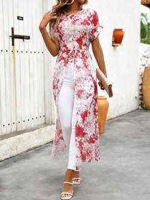 EMERY ROSE Camisa larga con impresión floral y abertura lateral alta ideal para vacaciones y tiempo de ocio