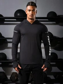 Manfinity Fitness Boyfriend Style Men's Letter Printed Casual Long Sleeve Hooded Sports Sweatshirt Boyfriend Style Men Sweatshirt - Black - View 3