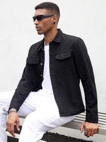 Manfinity Homme Men's Floral Embroidery Single-Breasted Casual Long Sleeve Denim Jacket - Black - View 8