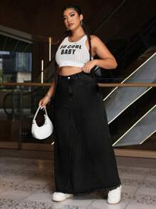 SHEIN ICON Plus Size Women's Simple Solid Color Denim Skirt For Daily Wear - Black - View 5