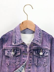 SHEIN Explorewe Girls' Fashionable Purple Casual Distressed Denim Jacket, All-Match Style - Purple - View 3