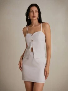 SHEIN Privé 性感高开叉露背上衣和紧身半身裙套装夏季通勤装 - 米色 - 查看 5