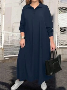 SHEIN LUNE 大尺碼女士純色Polo領落肩長袖寬鬆休閒直筒裙，春夏款 - 藏蓝色 - 查看 4