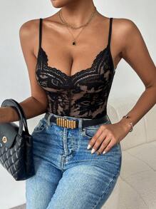 SHEIN Privé 女士時尚純色透明性感蕾絲連體衣 - 黑色 - 查看 3