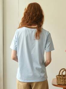 Simple Retro Camiseta informal de cuello redondo personalizada con parche bordado para mujeres - Azul - View 2