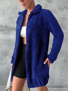 SHEIN Cottnline Cazadora teddy unicolor con cremallera - Azul - Ver 2