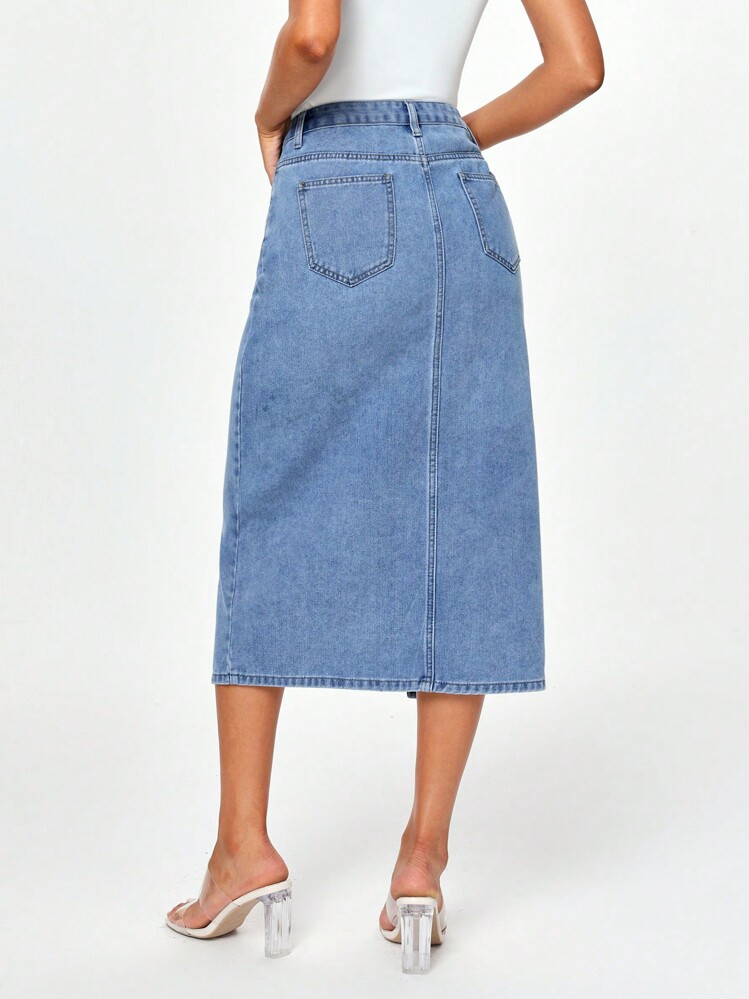 Coolmax Women Split Straight Leg Denim Skirts - Medium Wash - View 2