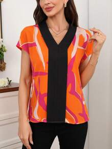SHEIN Clasi Camisa de verano informal con bloques de colores y mangas cortas