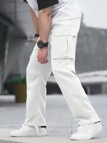 Manfinity Hypemode Pantalon cargo casual à poche de couleur unie pour homme, pantalon cargo blanc avec poches, pour l'automne - Blanc - Voir 6