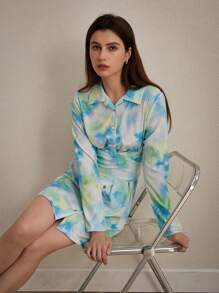 SHEIN Privé Summer Casual Random Dyed Print Tie-Front Waist Shirt Dress With Front Buttons Fall Cloth For Women - Multicolor - View 3