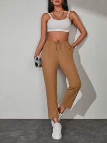 EURMUSE Pantalones unicolor de cintura con cordón con bolsillo oblicuo - Camel - Ver 3