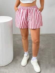 CovetEZ Shorts de lino a rayas de tamaño grande para tiempo libre y vacaciones - Rojo y blanco - Ver 5