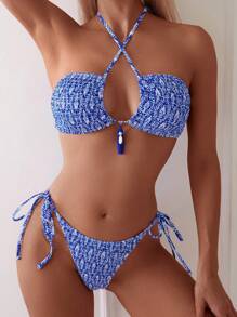 SHEIN Swim 1set Women's Vacation Beach Halter Bikini Set (Random Print) For Summer - Blue - View 4