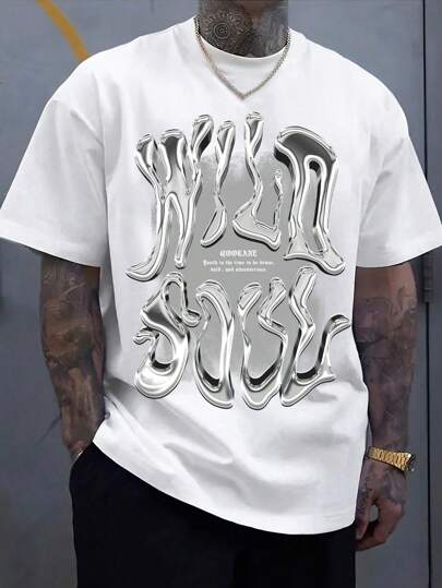 Manfinity ZONE917 Camiseta de manga corta suelta blanca con estampado gráfico metálico inglés vintage y creativa, estilo callejero, adecuada para el verano, para raperos, para salir