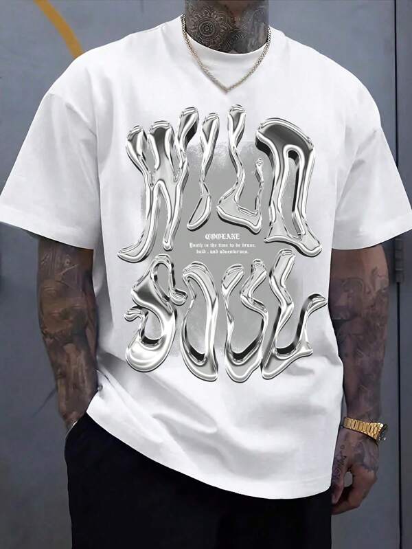 Manfinity EMRG Men Street-Style Vintage Creative Metallic Flowing English Graphic Pattern Loose White Short-Sleeve T-Shirt, Suitable For Summer, For Rapper, For Going Out
