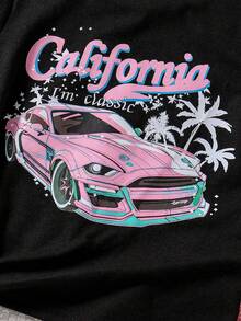 SHEIN Girls' Pink Coconut Tree Printed Round Neck Long T-Shirt + Shorts Set For Vacation And Beach, Spring/Summer - Black - View 7