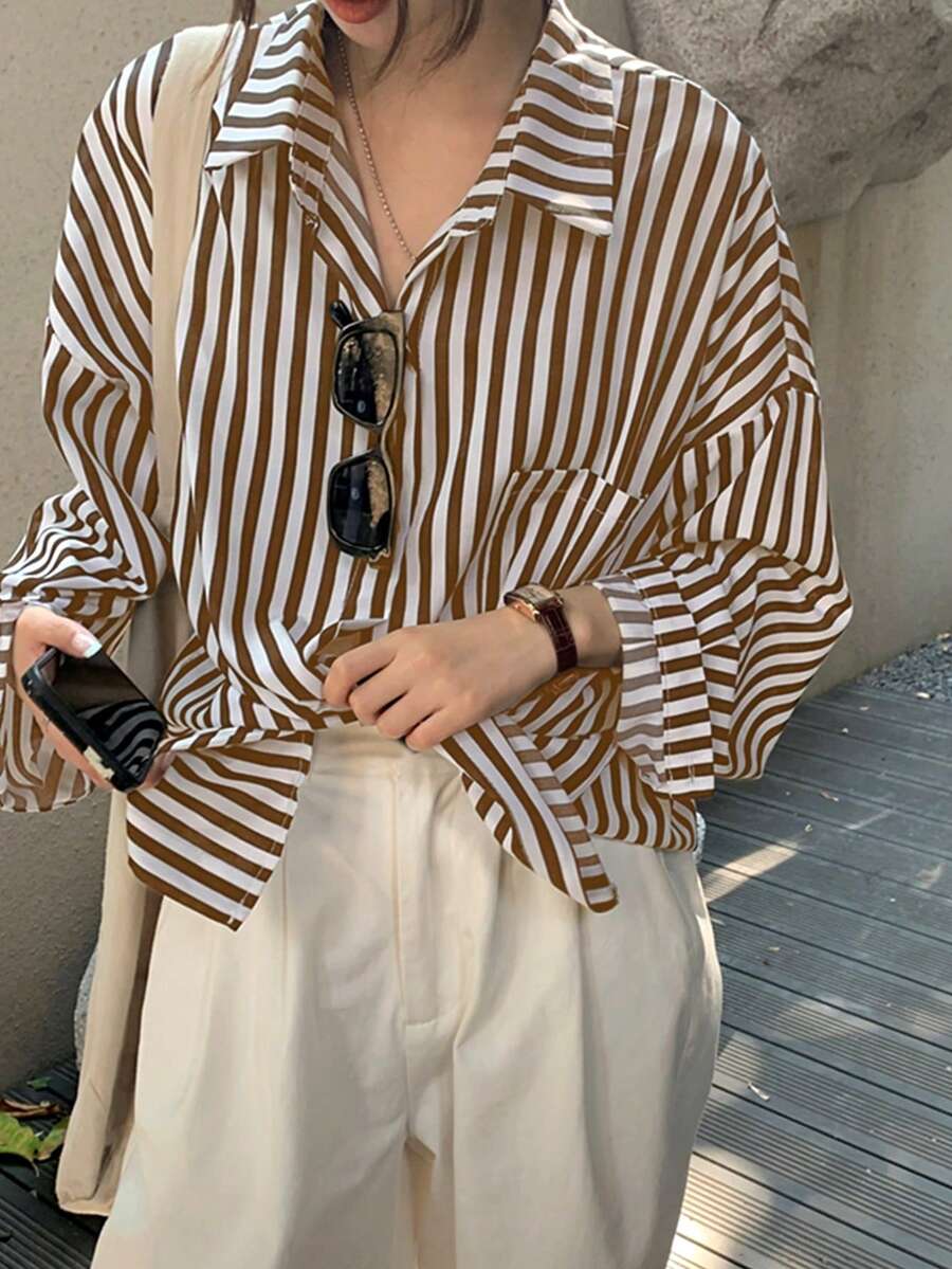 Striped Print Pocket Front Button Casual Long Sleeve Shirt Spring - Khaki - View 1