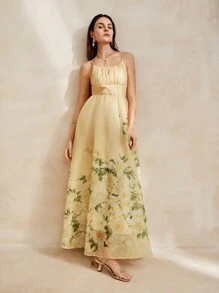 Anewsta 法式風格花卉印花女款吊帶高腰連衣裙 - 彩色 - 查看 1
