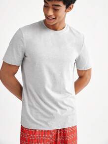 Men's Solid Color Short Sleeve Top And Checkered Shorts Homewear Set - Multicolor - View 4