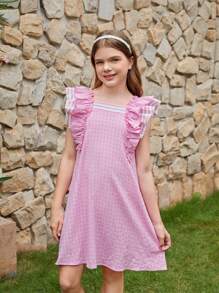 Vestido Simples A-Line Solto de Duas Camadas com Patchwork Listrado e Mangas Babados para Meninas Pré-adolescentes