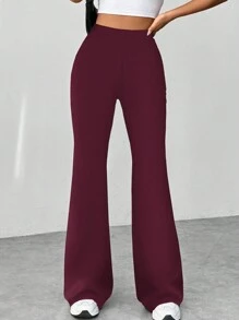 Flirla Celana Panjang Model Mengembang dengan Tekstur Motif Houndstooth Hitam Putih - Burgundy - View 3