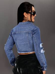 SHEIN Tall Cropped Denim Jacket With Distressed Detailing - Medium Wash - View 2