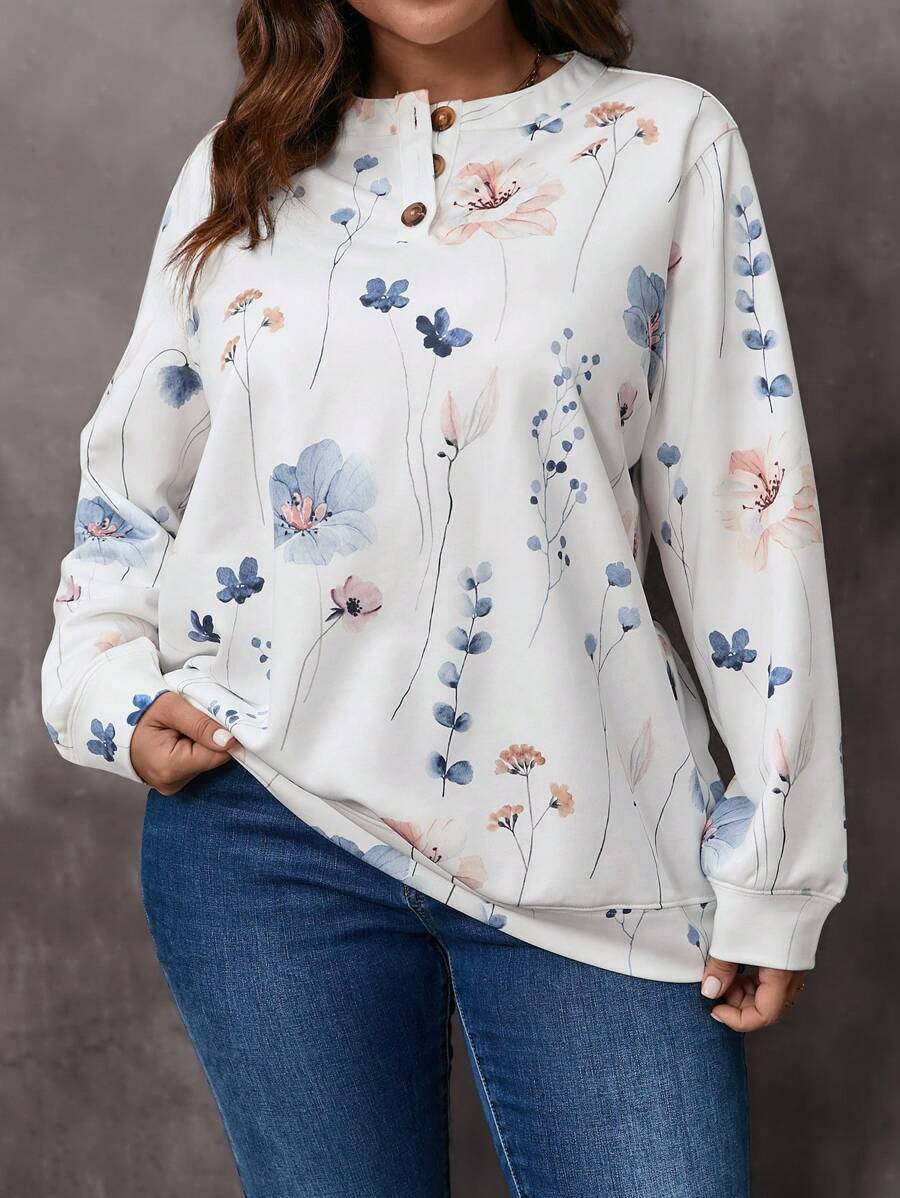 EMERY ROSE Áo sơ mi đơn giản hàng ngày in ngẫu nhiên dành cho nữ cỡ lớn - trắng - Xem 1