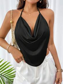 Firerie Solid Concert Draped Front Backless Party Halter Top - Black - View 5