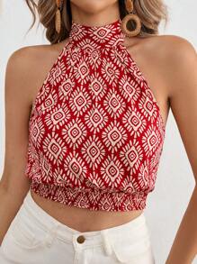 Vivid Eden Mono corto tejido con estampado floral y cuello halter para mujer