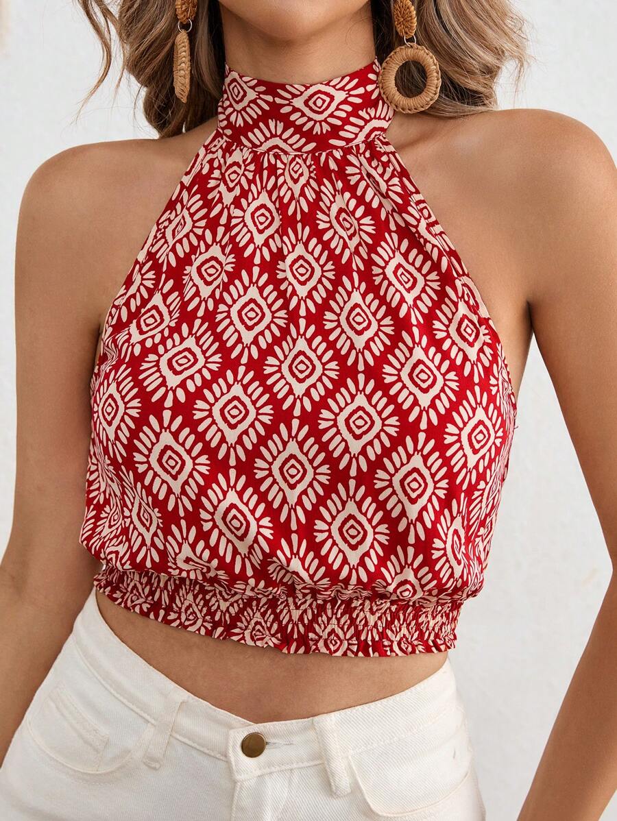 Vivid Eden Mono corto tejido con estampado floral y cuello halter para mujer