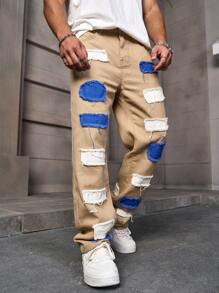 Manfinity LEGND Men's Fashion Color Block Straight Leg Jeans With Patches - Apricot - View 4