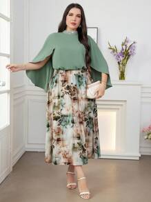 Modelyn Plus Size Solid Color Split Sleeve Casual Top And Floral Print Skirt 2pcs/Set 2 Pieces Set - Multicolor - View 4