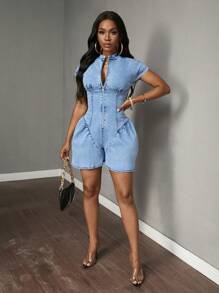 SHEIN Slayr Mono informal de mezclilla sin mangas con cuello alto de un solo color y detalles calados para el verano