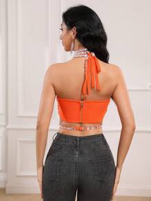 Top de style ras-du-cou en bandage avec strass, sexy et noble, fait main - Orange - Voir 8