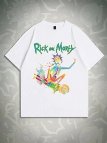ROMWE MEN Rick and Morty | ROMWE 男士休闲运动卡通人物字母印花短袖 T 恤和抽绳腰短裤套装，夏季，学校