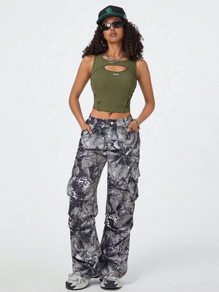 Olive Green Women Hollow-Out Deconstructed Cropped Camisole (Padded)