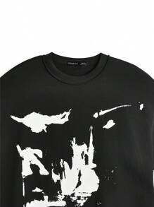 Manfinity VCAY 男士黑色針織抽象印花超大號圓領短袖T卹，領口解構設計，純棉製品，適合春夏街頭時尚 - 黑色 - 查看 11