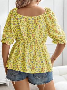 Flirla Chemisier imprimé floral discrèt à col nœud pour l'été en grande taille, tenue décontractée - Jaune citron - Voir 2