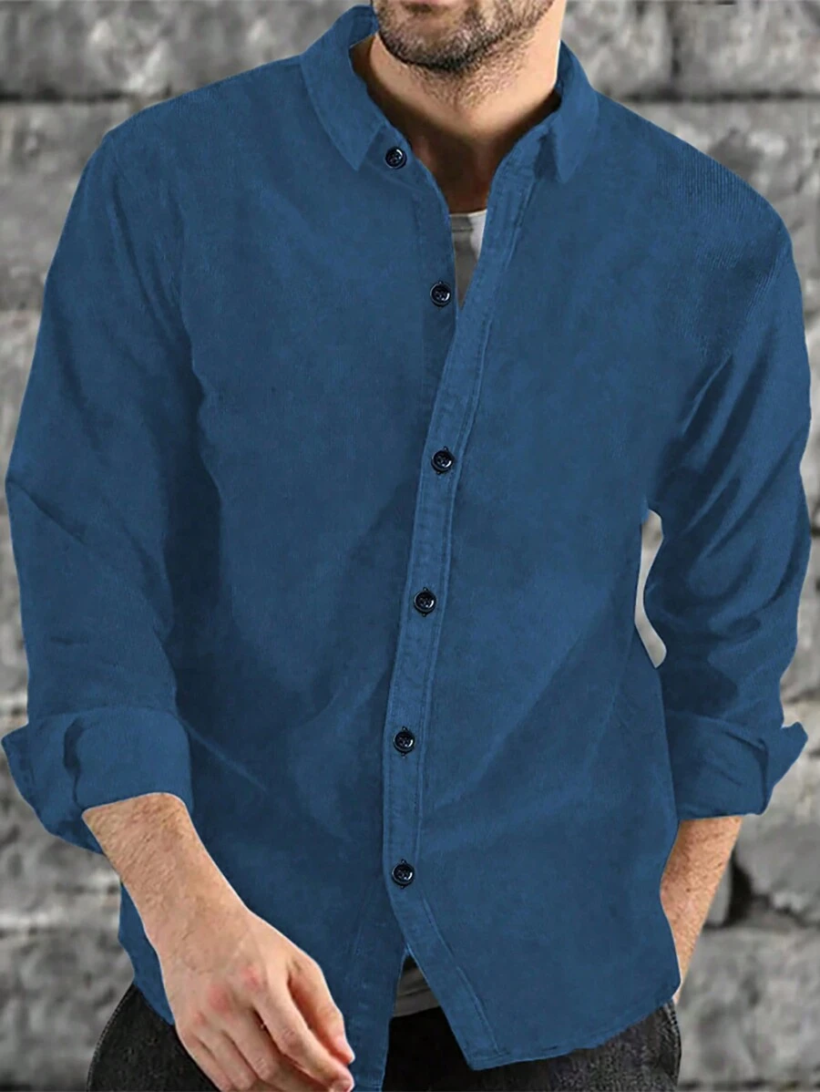 Men's Minimalist Formal Corduroy Long Sleeve Button-Up Shirt, Suitable For All Seasons - Blue - View 1
