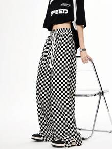 Coolane Checkerboard Straight-Legged Street Style Casual Extra-Long Pants - Black and White - View 4