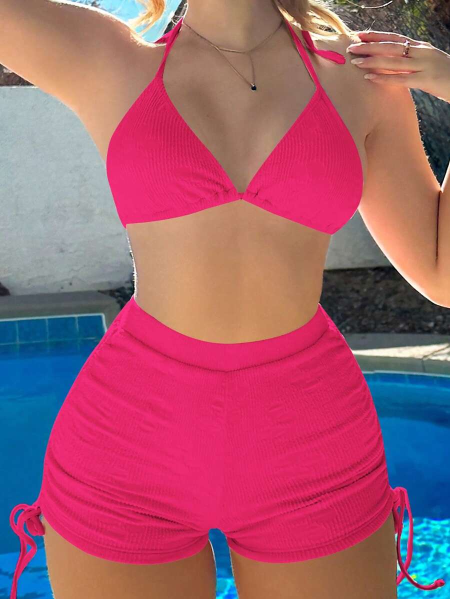 Swim Mod Summer Beach Halter Triangle Bikini Set - Hot Pink - View 1