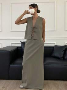 DAZY 纯色背心+裙子设计系带两件套女夏季